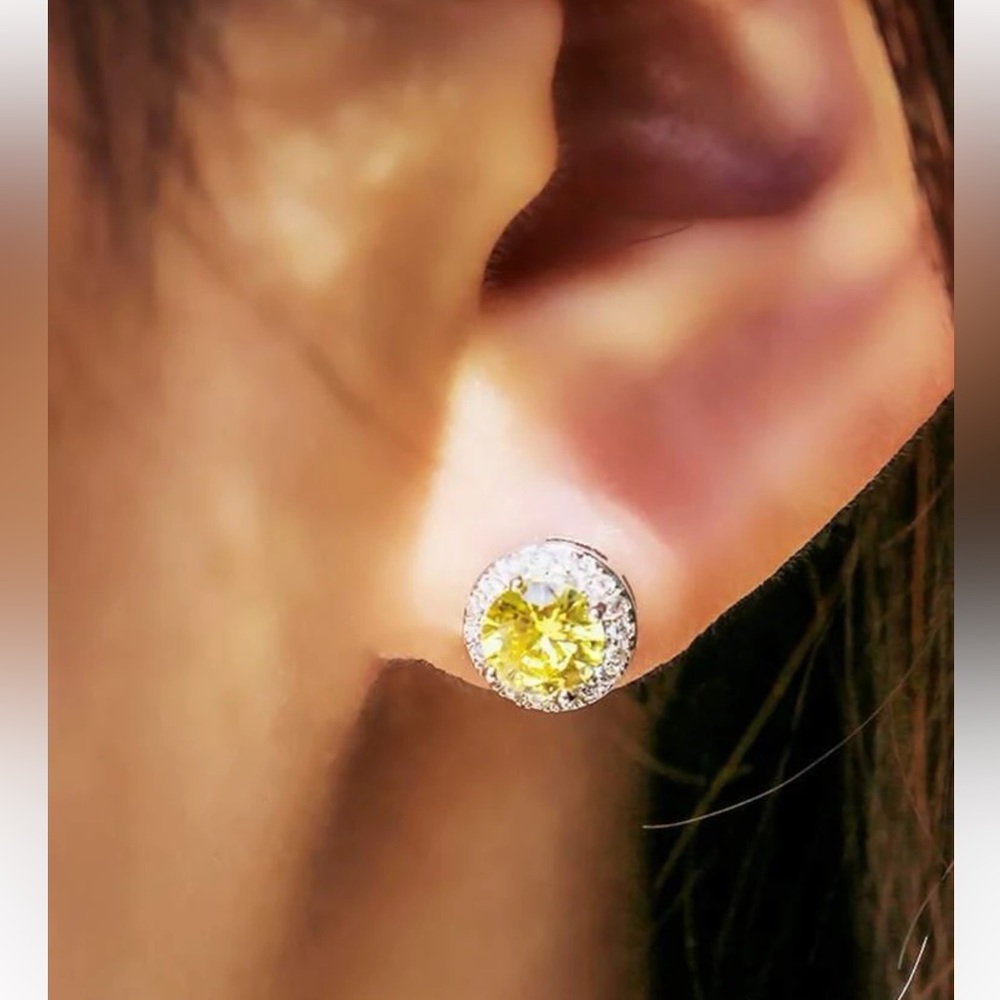 Cubic Zirconia Citrine Yellow, Lab Created Stud Dainty Luxury Glam Earrings - Picture 4 of 9
